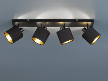 Deckenstrahler TOMMY 4-flammig Schwarz, Stoffschirme Schwarz Gold, Breite 70cm