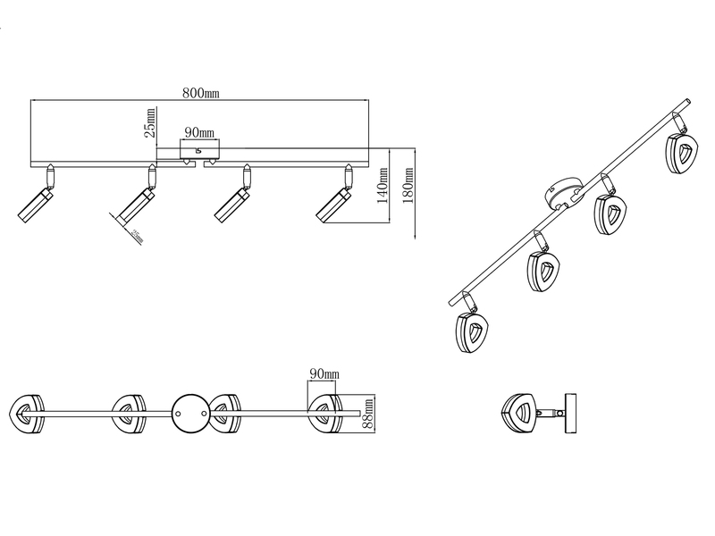 LED Deckenstrahler TOURS 4-flammig Silber Chrom, Breite 80cm