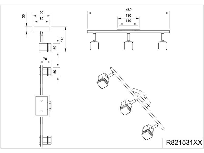 LED Deckenstrahler ROUBAIX 3-flammig Silber matt, Breite 48cm