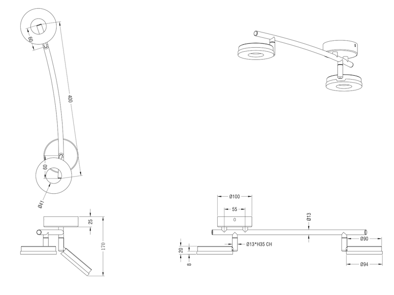 LED Deckenstrahler RENNES 2-flammig Metall Silber Chrom, Breite 40cm