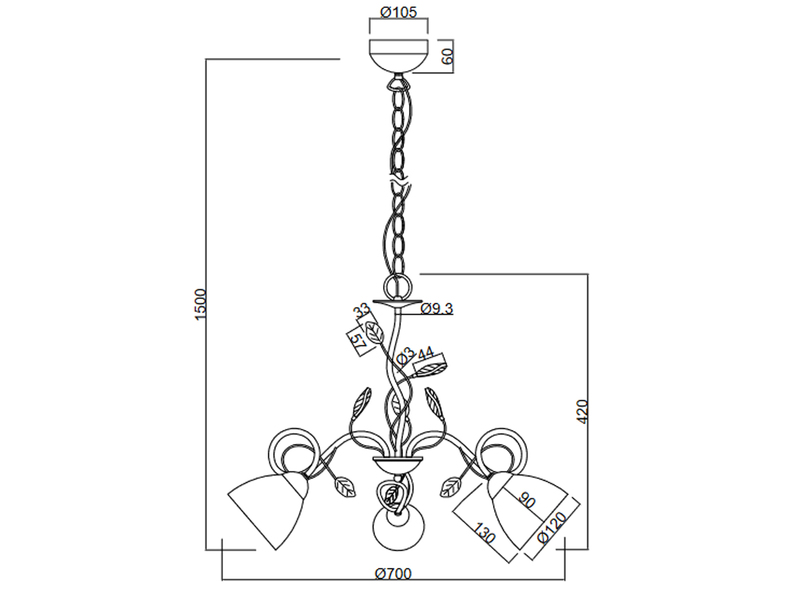 LED Pendelleuchte 3-flammig mit Glasschirmen und Kristalldeko Ø 70cm