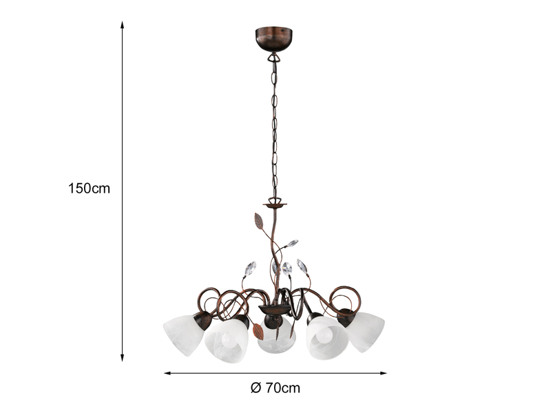 LED Pendelleuchte 5-flammig mit Glasschirmen und Kristalldeko Ø 70cm