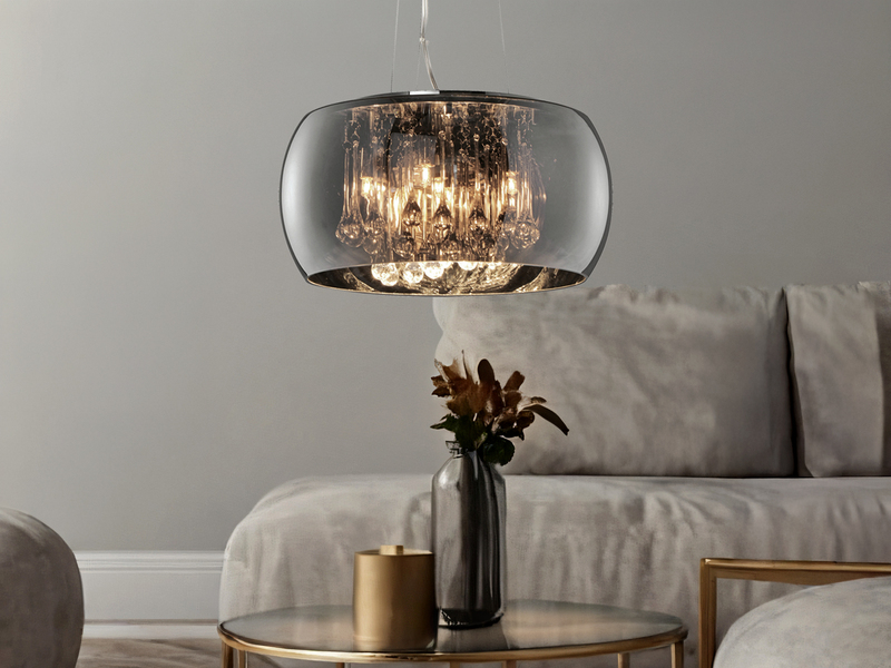 LED Pendelleuchte mit Glas Chrom in Rauchglas Optik & Kristallbehang Ø 40cm