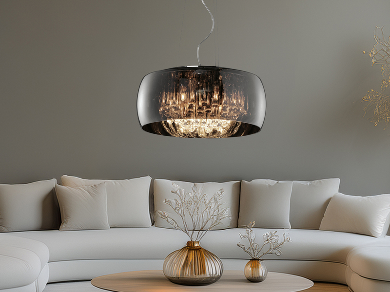 LED Pendelleuchte mit Glas Chrom in Rauchglas Optik & Kristallbehang Ø 50cm
