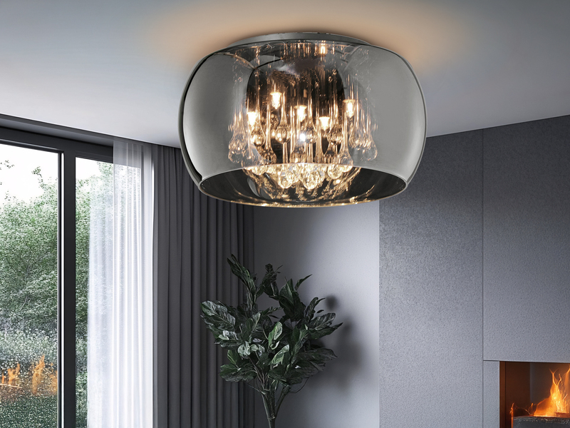 LED Deckenleuchte mit Glas Chrom in Rauchglas Optik & Kristallbehang Ø 40cm