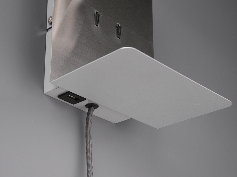 Design LED Wandleuchte ELEMENT in Nickel matt mit USB Ladebuchse und Ablage