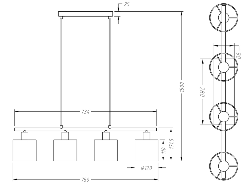 LED Pendelleuchte 4-flammig Lampenschirme Stoff Weiß, Breite 75cm