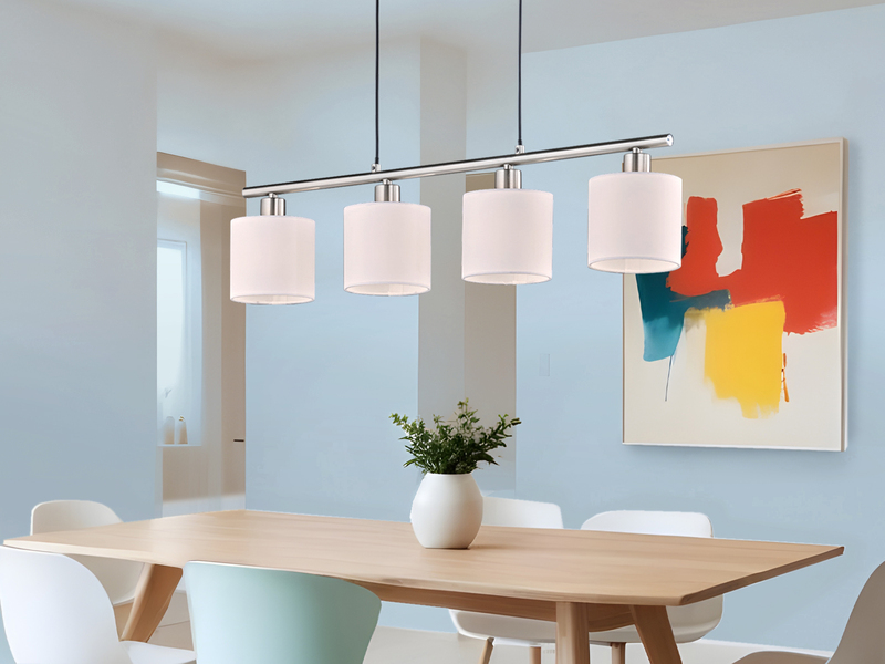 LED Pendelleuchte 4-flammig Lampenschirme Stoff Weiß, Breite 75cm