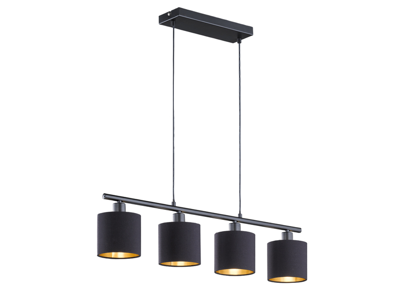 Pendelleuchte 4-flammig Stoffschirme Schwarz Gold inkl. E14 LED, Breite 75cm