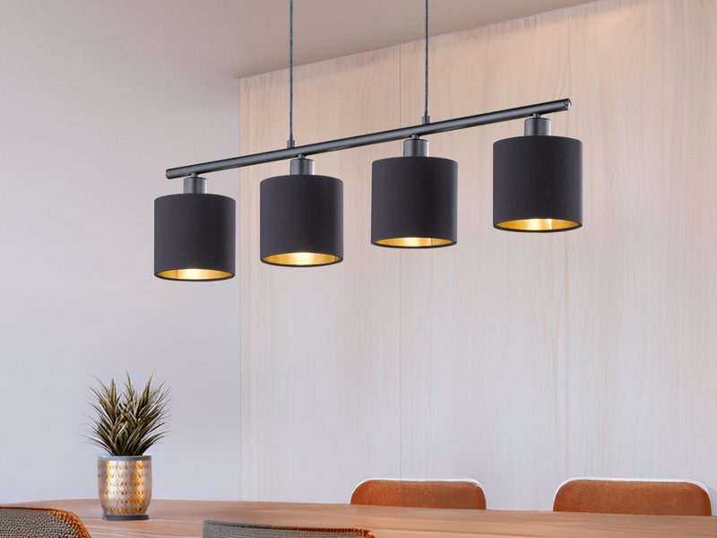 Pendelleuchte 4-flammig Stoffschirme Schwarz Gold inkl. E14 LED, Breite 75cm