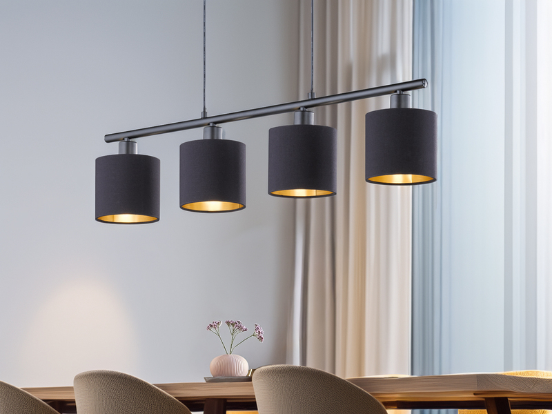Pendelleuchte 4-flammig Stoffschirme Schwarz Gold inkl. E14 LED, Breite 75cm