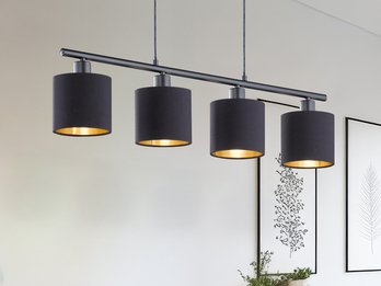 Pendelleuchte 4-flammig Stoffschirme Schwarz Gold inkl. E14 LED, Breite 75cm