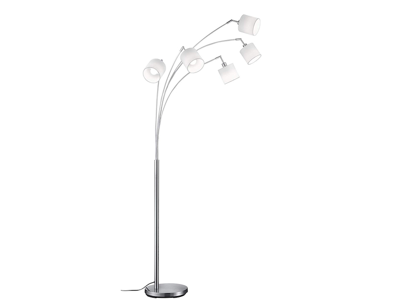Stehlampe 5-flammig gebogen Silber & Stoffschirme Weiß mit E14 LED, Höhe 200cm