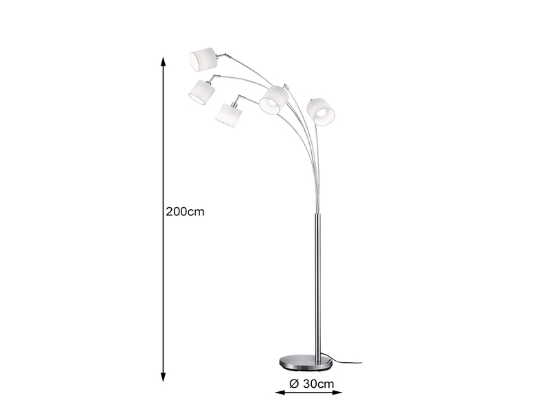 LED Stehleuchte 5 flammig Metall Silber Stoffschirm Weiß, Höhe 200cm