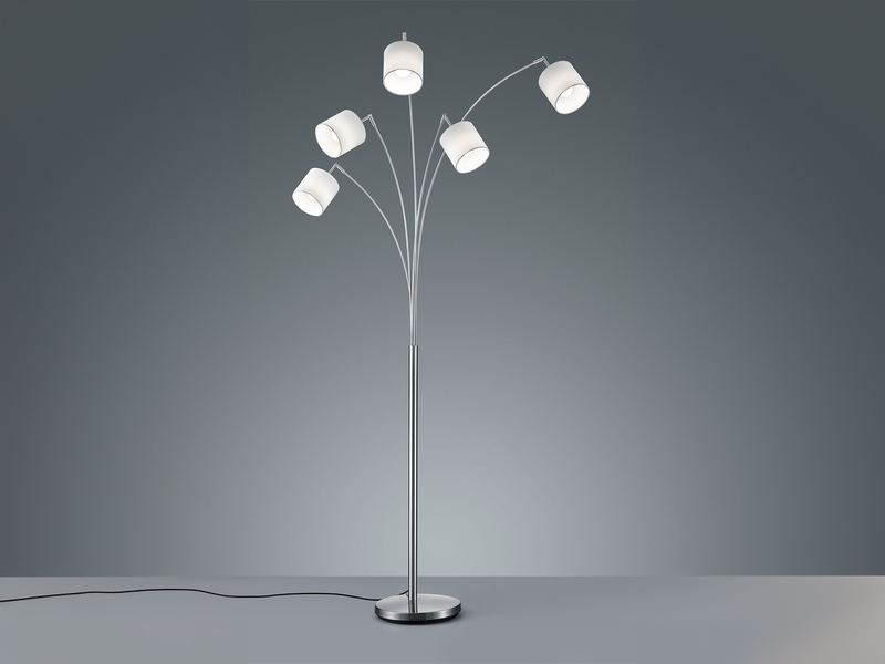 Stehlampe 5-flammig gebogen Silber & Stoffschirme Weiß mit E14 LED, Höhe 200cm