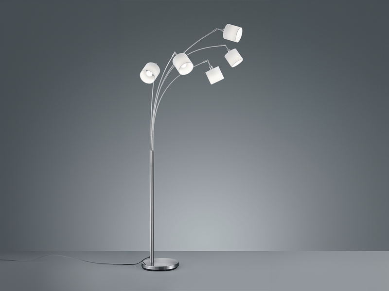 Stehlampe 5-flammig gebogen Silber & Stoffschirme Weiß mit E14 LED, Höhe 200cm