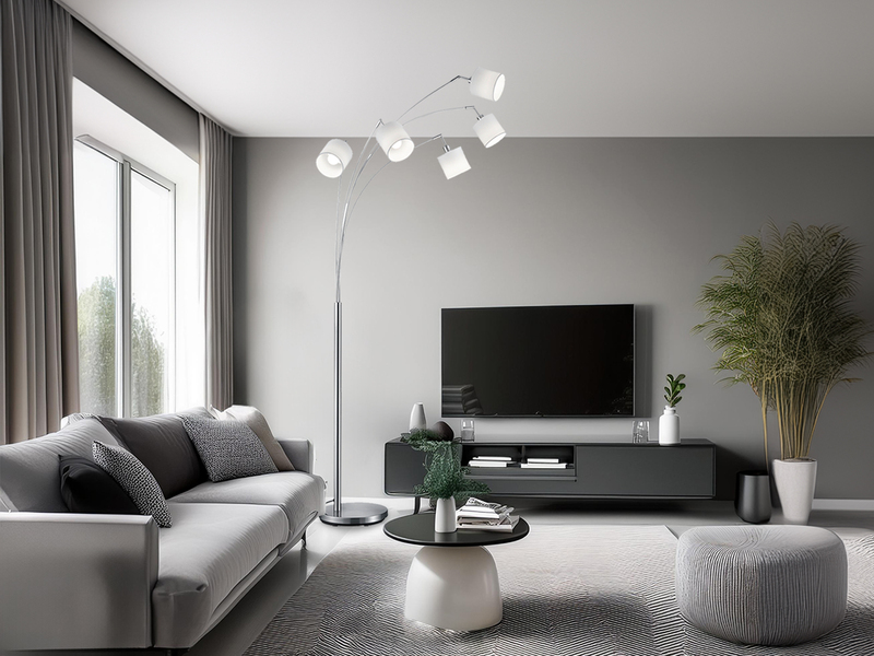 Stehlampe 5-flammig gebogen Silber & Stoffschirme Weiß mit E14 LED, Höhe 200cm