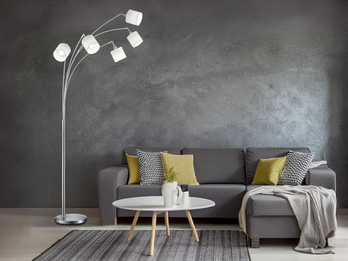 Stehlampe 5-flammig gebogen Silber & Stoffschirme Weiß mit E14 LED, Höhe 200cm