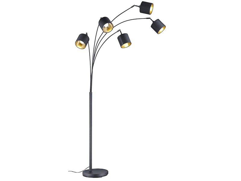 Stehlampe 5-flammig gebogen Stoffschirme Schwarz Gold mit E14 LED, Höhe 200cm