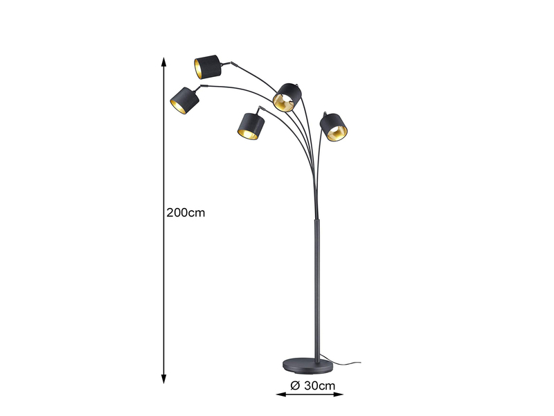 Stehlampe 5-flammig gebogen Stoffschirme Schwarz Gold mit E14 LED, Höhe 200cm