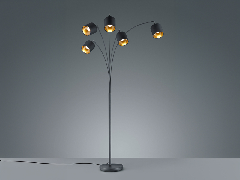 Stehlampe 5-flammig gebogen Stoffschirme Schwarz Gold mit E14 LED, Höhe 200cm