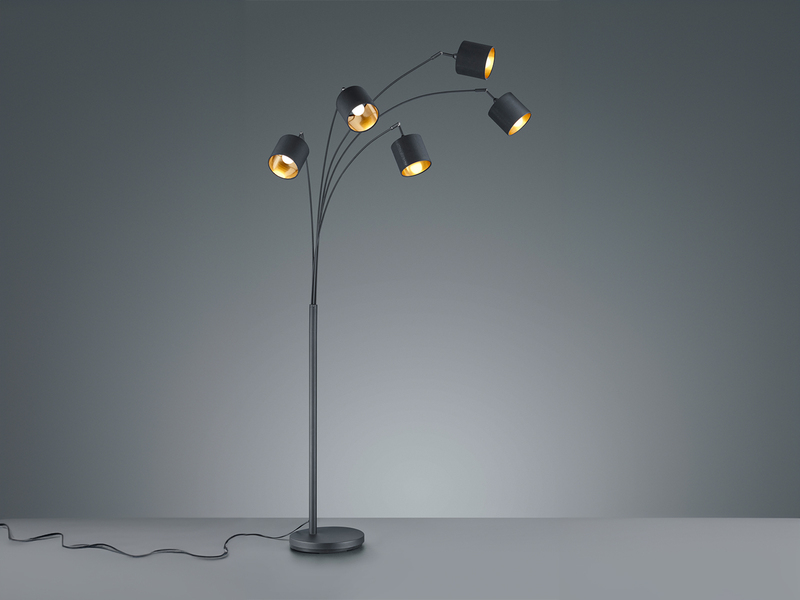 Stehlampe 5-flammig gebogen Stoffschirme Schwarz Gold mit E14 LED, Höhe 200cm
