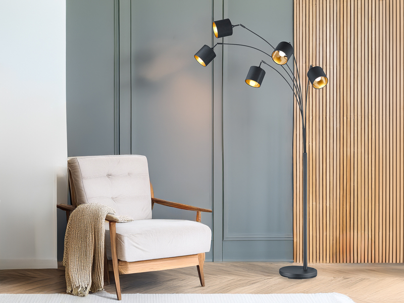 Stehlampe 5-flammig gebogen Stoffschirme Schwarz Gold mit E14 LED, Höhe 200cm