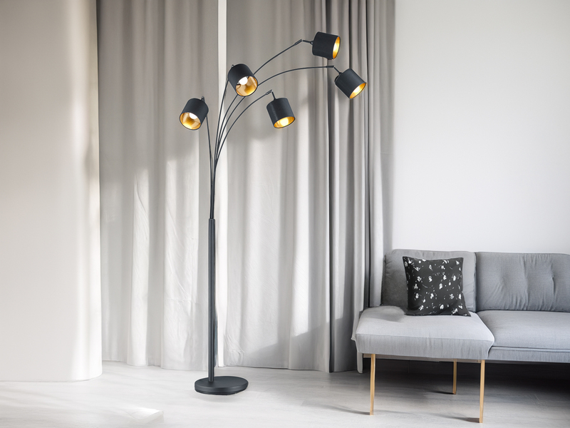 Stehlampe 5-flammig gebogen Stoffschirme Schwarz Gold mit E14 LED, Höhe 200cm