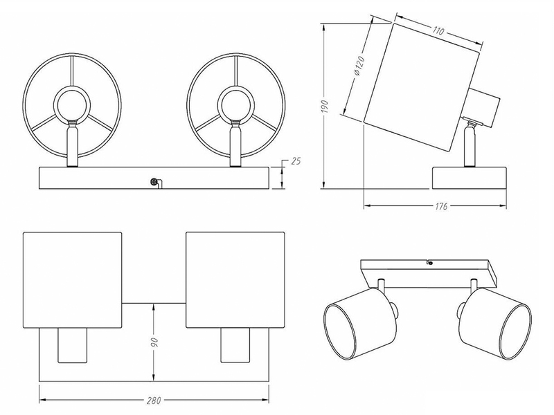LED Deckenstrahler 2-flammig Silber, Stoffschirme Weiß, Breite 28cm