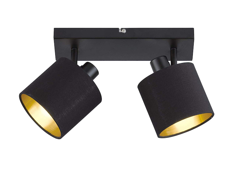 LED Deckenstrahler 2-flammig Schwarz, Stoffschirme Schwarz Gold, Breite 28cm