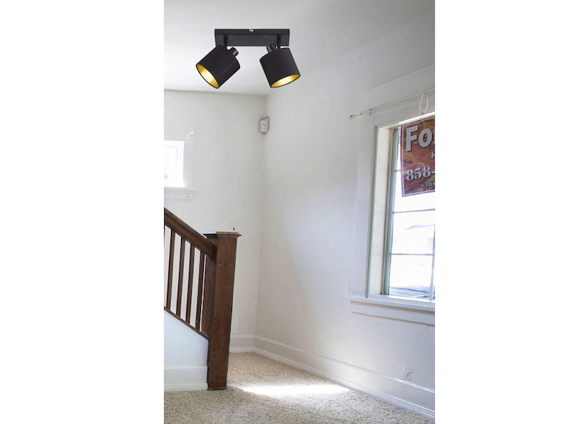 LED Deckenstrahler 2-flammig Schwarz, Stoffschirme Schwarz Gold, Breite 28cm