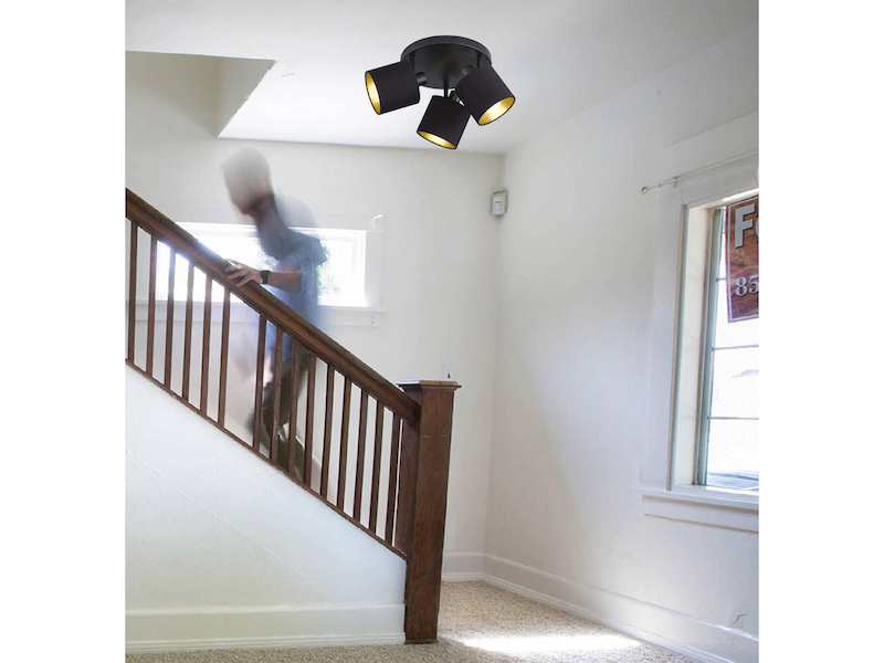 LED Deckenstrahler 3-flammig Schwarz, Stoffschirme Schwarz Gold, Ø 25cm