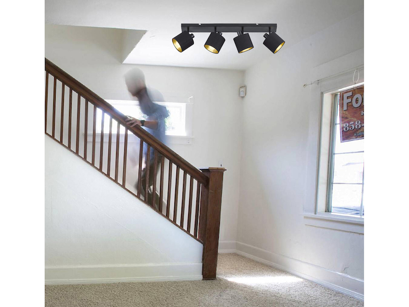 LED Deckenstrahler 4-flammig Schwarz, Stoffschirme Schwarz Gold, Breite 70cm