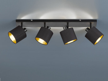LED Deckenstrahler 4-flammig Schwarz, Stoffschirme Schwarz Gold, Breite 70cm