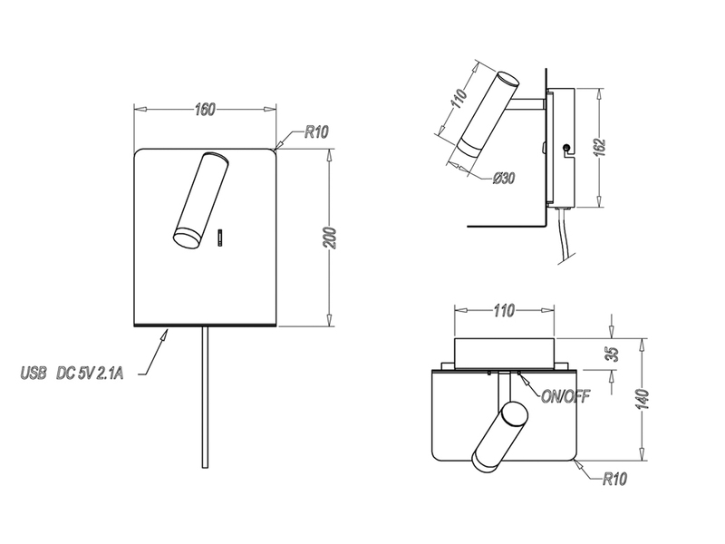 LED Wandspot ELEMENT Weiß mit Schalter, Stecker, USB Ladefunktion, Breite 16cm