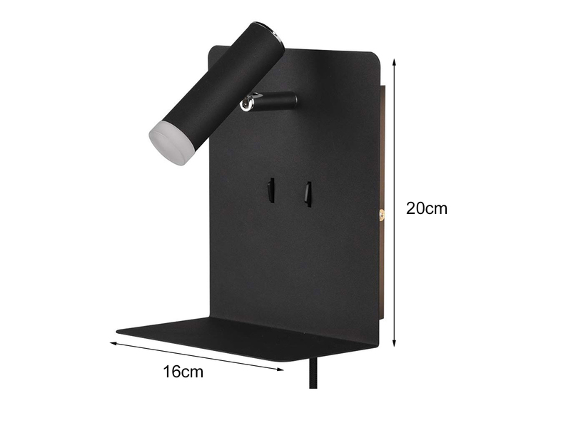 LED Wandspot ELEMENT Schwarz mit Schalter, Stecker & USB, Breite 16cm
