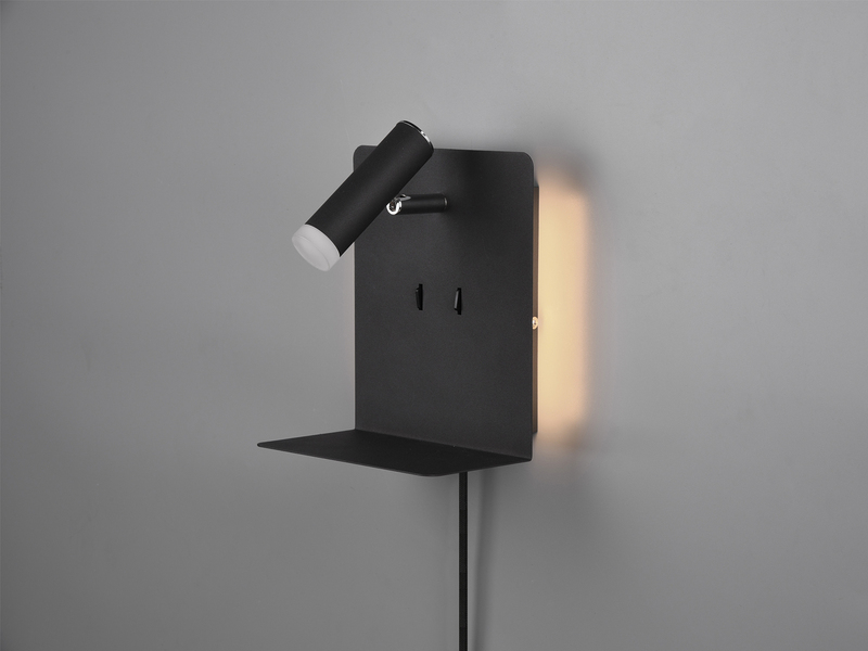 Design LED Wandleuchte ELEMENT in Schwarz matt mit USB Ladebuchse und Ablage