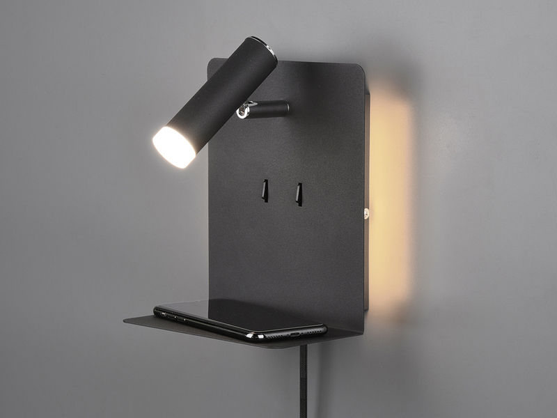 Design LED Wandleuchte ELEMENT in Schwarz matt mit USB Ladebuchse und Ablage