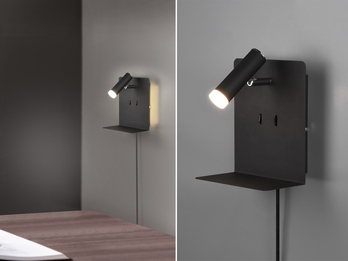 LED Wandspot ELEMENT Schwarz mit Schalter, Stecker & USB, Breite 16cm