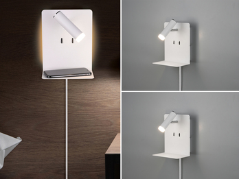 2er Set LED Wandspots Weiß mit Schalter, Stecker, USB Ladefunktion, Breite 16cm