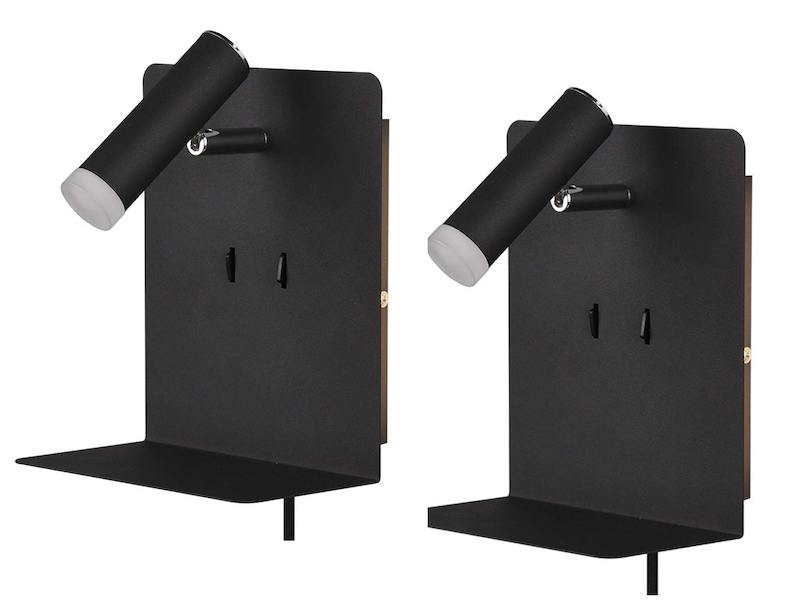 2er Set LED Wandspots Schwarz mit Schalter, Stecker & USB, Breite 16cm