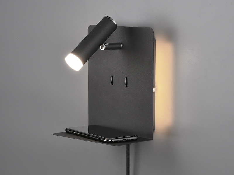 2er Set LED Wandspots Schwarz mit Schalter, Stecker & USB, Breite 16cm