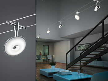 LED Seilsystem Deckenleuchte mit 6 Lichtspots Chrom, max. Länge 5 Meter