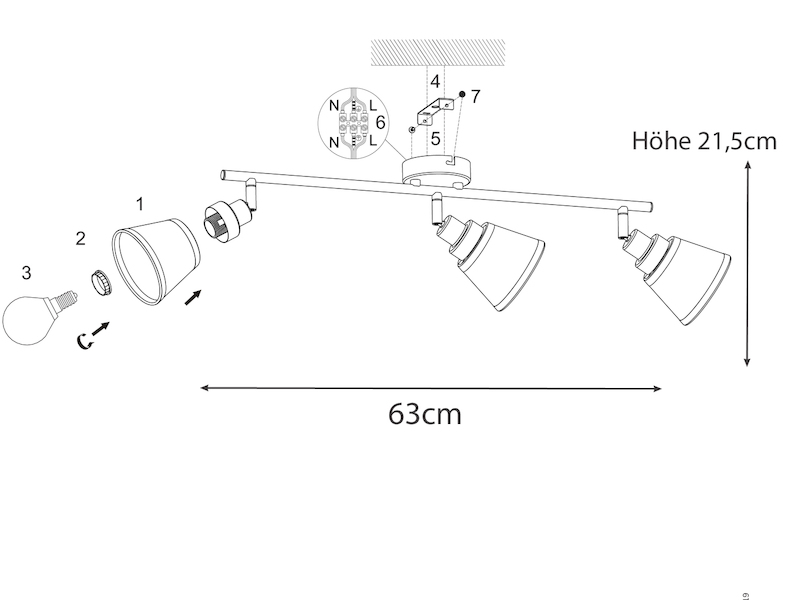 Deckenstrahler ZOON 3-flammig mit Stoffschirmen in Grau, Breite 63cm