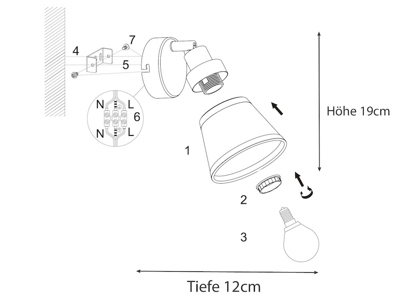 LED Wandstrahler Chrom glänzend mit Stoffschirm Grau, Breite 12cm