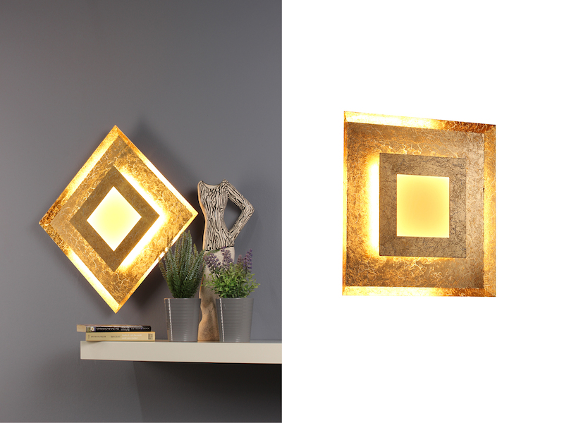 Luxuriöse LED Innenleuchte WINDOW für Wand & Decke, Blattgold Design eckig 39cm