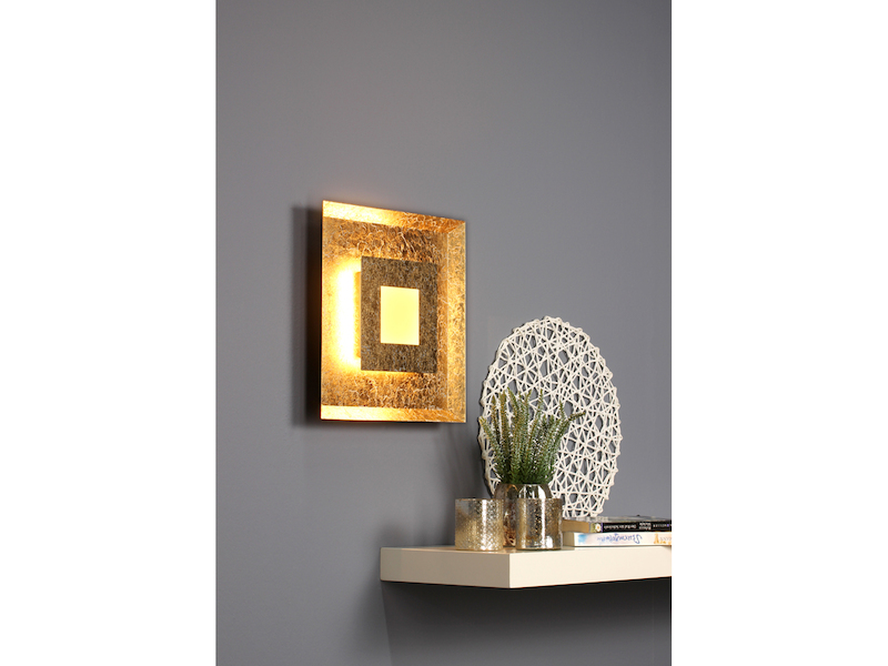 Dimmbare LED Wandleuchte WINDOW im Blattgold Design, Quadrat 32cm