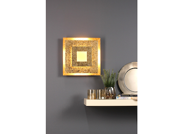 Dimmbare LED Wandleuchte WINDOW im Blattgold Design, Quadrat 32cm
