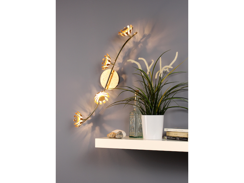 Vierflammige LED Deckenleuchte BLOOM aus Metall in Blattgold mit Blumen Motiv