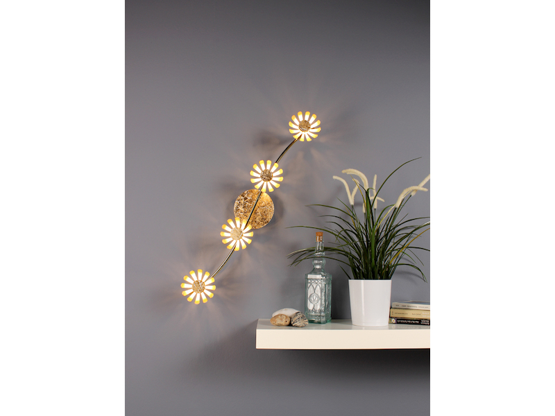 Vierflammige LED Deckenleuchte BLOOM aus Metall in Blattgold mit Blumen Motiv